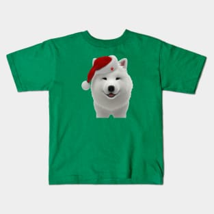 Festive Cute Cartoon Style Samoyed Dog With Santa Hat Kids T-Shirt